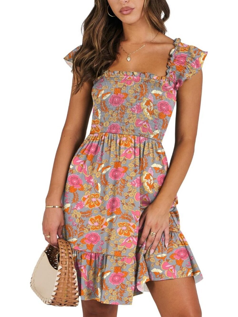Women's Summer Sleeveless Square Neck Dress Print Floral Smocked Ruffle Backless